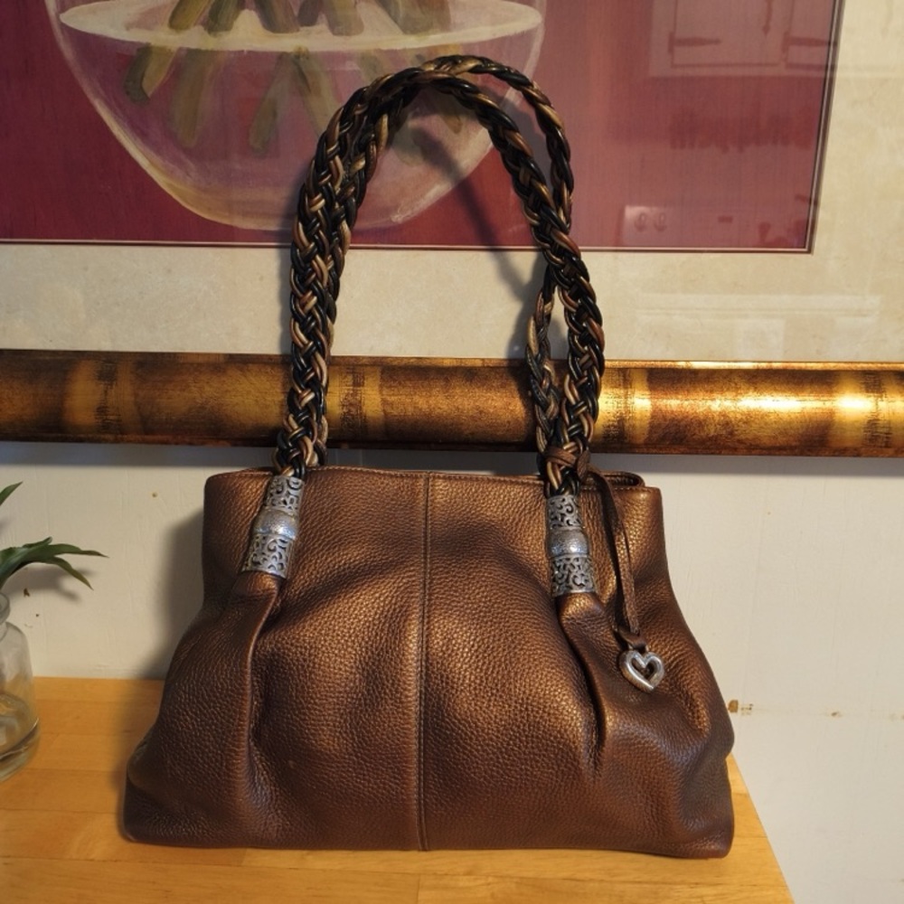 Pre-owned Brighton Copper Pebbled Leather Shoulder Bag With Braided Handles